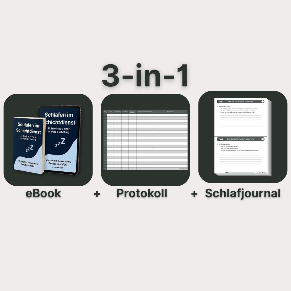 eBook, Schlafjournal und Protokoll – das komplette 3-in-1-Paket für besseren Schlaf im Schichtdienst.