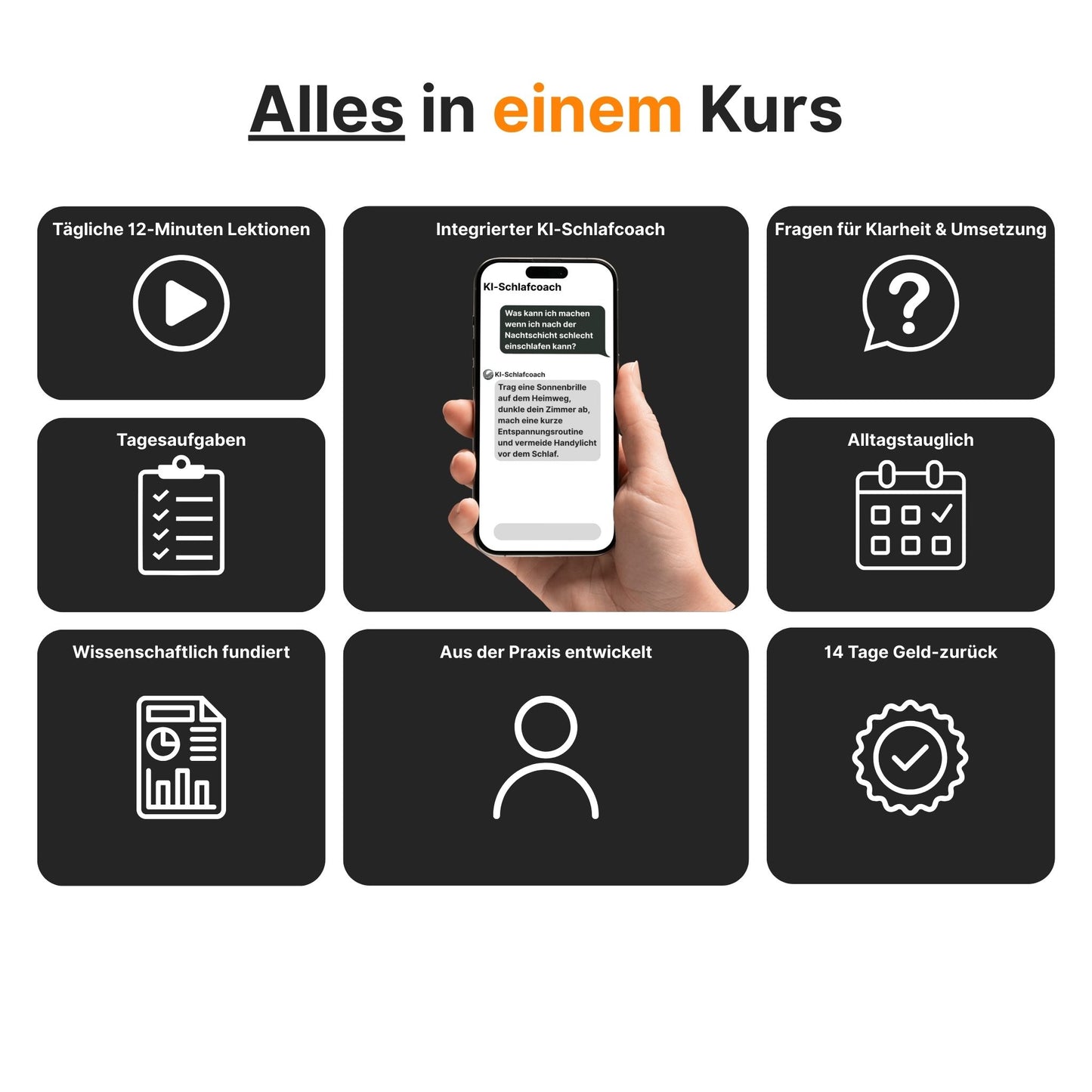 Alles in einem Kurs – 12-Minuten-Lektionen, Tagesaufgaben, KI-Schlafcoach, wissenschaftlich fundiert