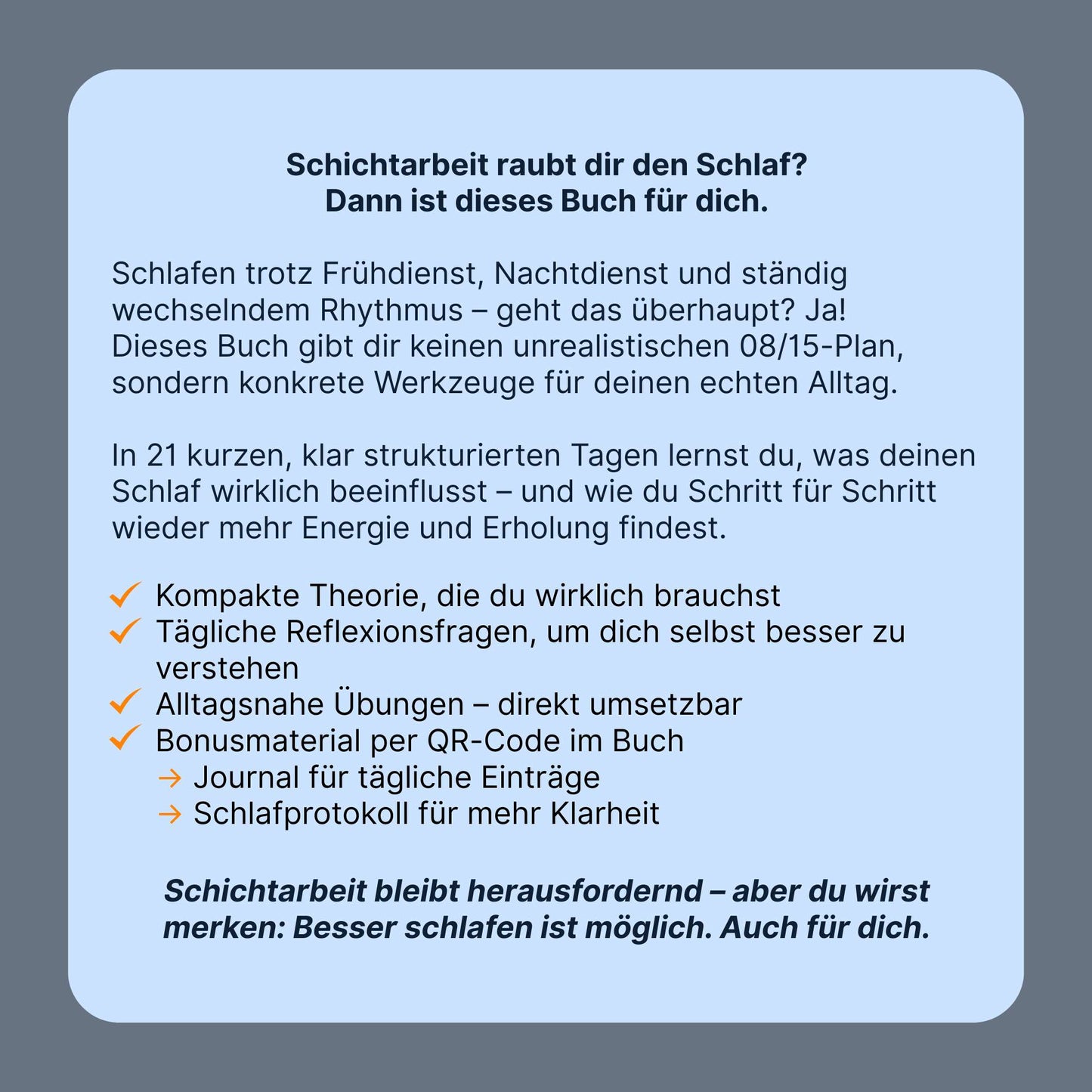 Rückseite des eBooks „Schlafen im Schichtdienst“ mit Infos zu Inhalten, Zielgruppe und Bonusmaterial per QR-Code