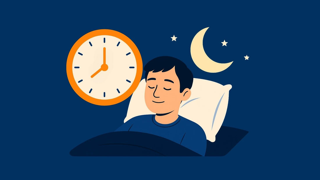 Illustration eines jungen Mannes, der nachts schläft, während im Hintergrund eine große Uhr die Zeit anzeigt – symbolisch für die Wirkung des zirkadianen Rhythmus auf den Schlaf.