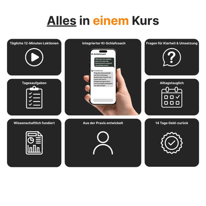 Alles in einem Kurs – 12-Minuten-Lektionen, Tagesaufgaben, KI-Schlafcoach, wissenschaftlich fundiert