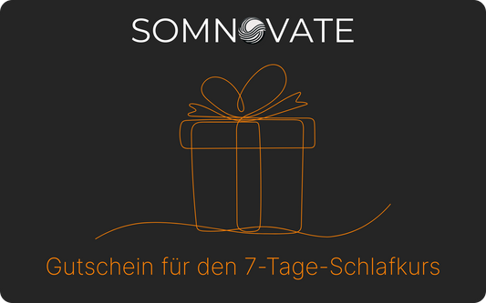 Somnovate Geschenkgutschein für den 7-Tage-Schlafkurs – modernes, minimalistisches Design mit dunklem Hintergrund, Somnovate-Logo und Geschenk-Illustration in Orange.