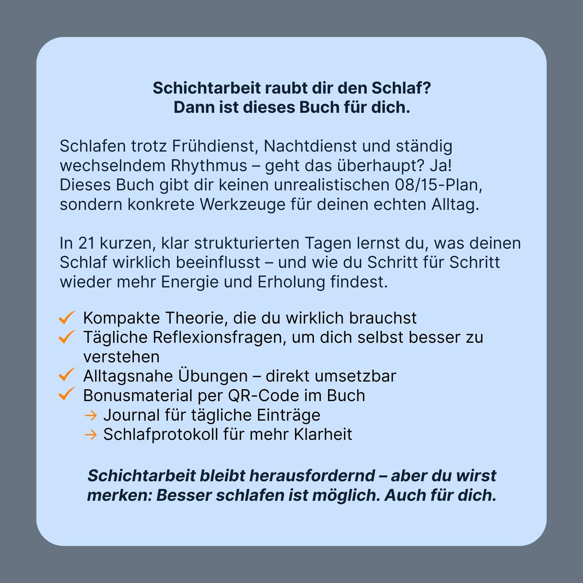 Rückseite des eBooks „Schlafen im Schichtdienst“ mit Infos zu Inhalten, Zielgruppe und Bonusmaterial per QR-Code