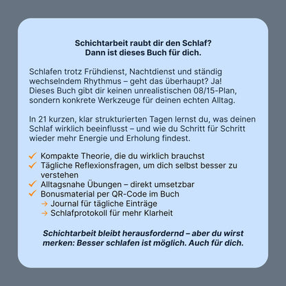 Rückseite des eBooks „Schlafen im Schichtdienst“ mit Infos zu Inhalten, Zielgruppe und Bonusmaterial per QR-Code